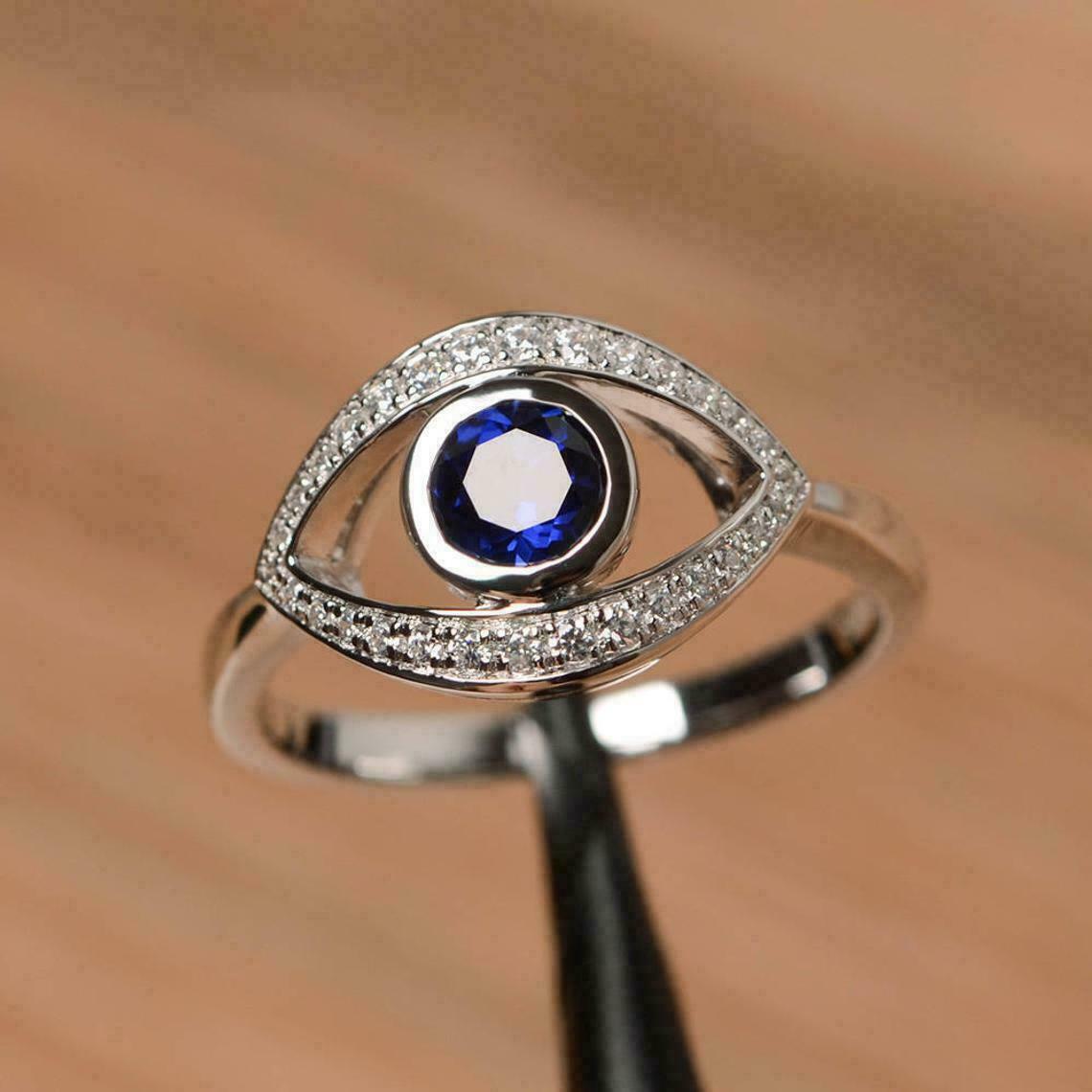 Sterling Silver Evil Eye Ring with a Blue Sapphire // Made to order in your  size